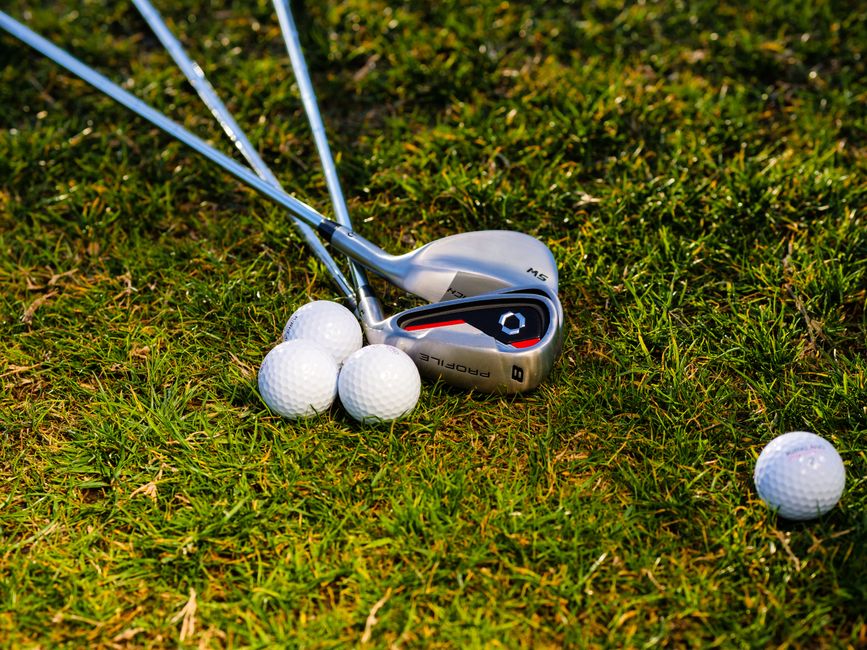 2 golf clubs and 4 balls in the grass