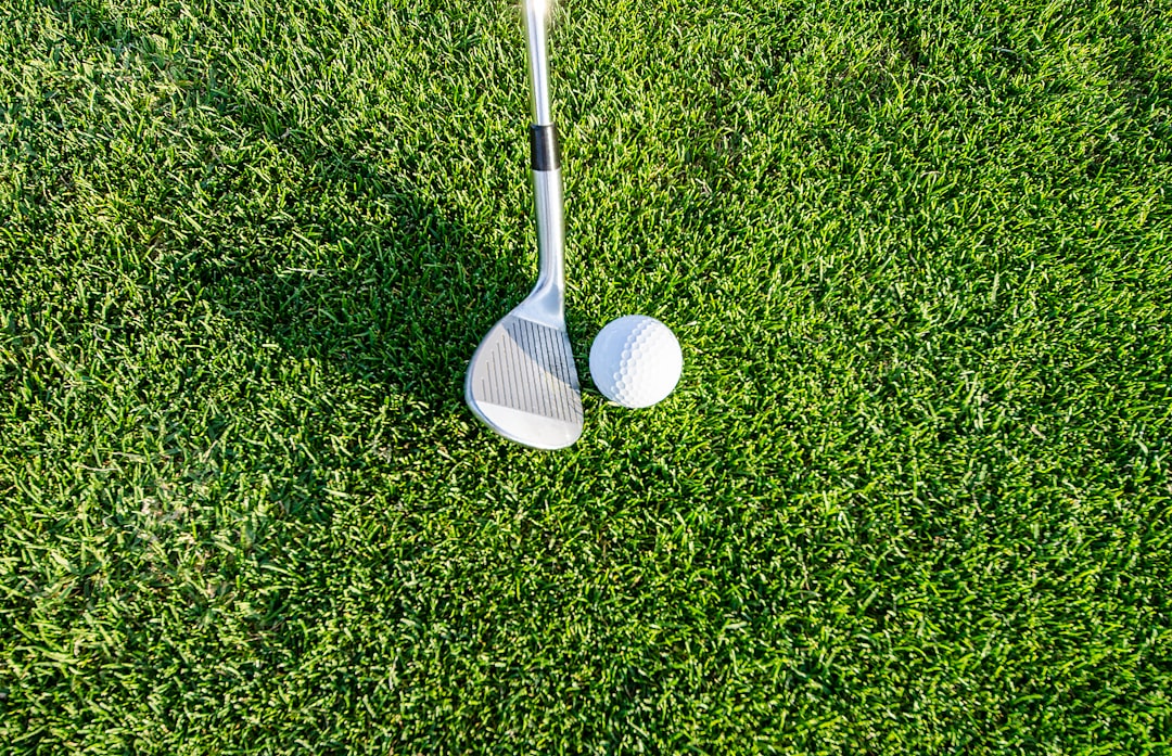 Golf wedge club resting beside a golf ball on green grass