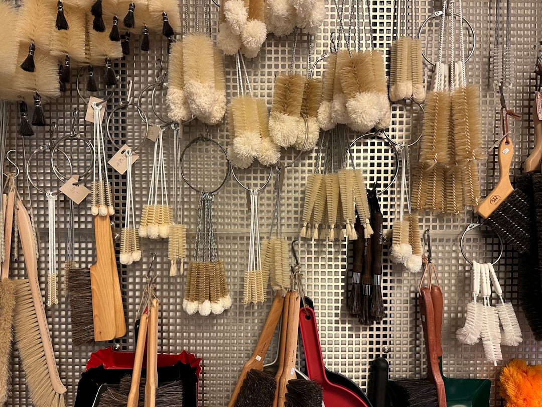 Multiple types of brushes hanging on a wall
