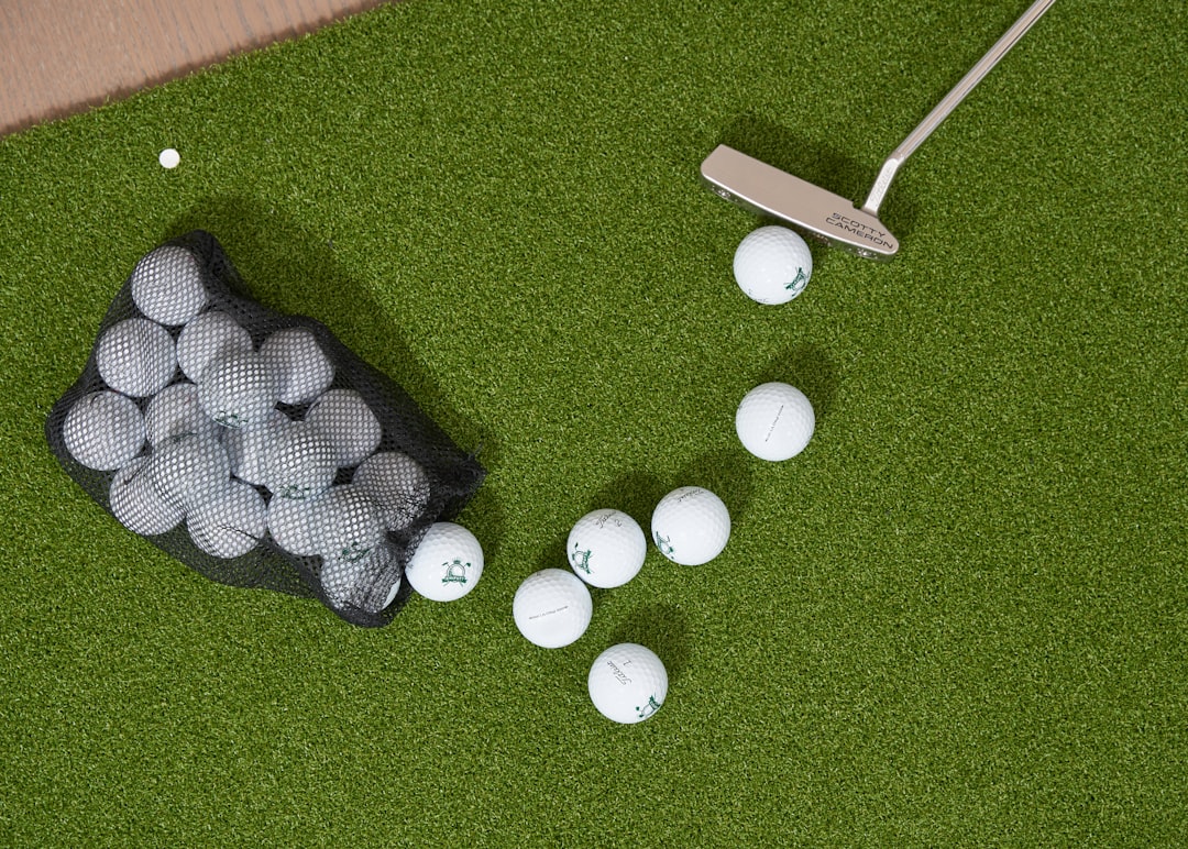 Golf balls, putter, and net bag on turf